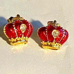 Avon Goldtone Cherry Red Enamel Crown Earrings